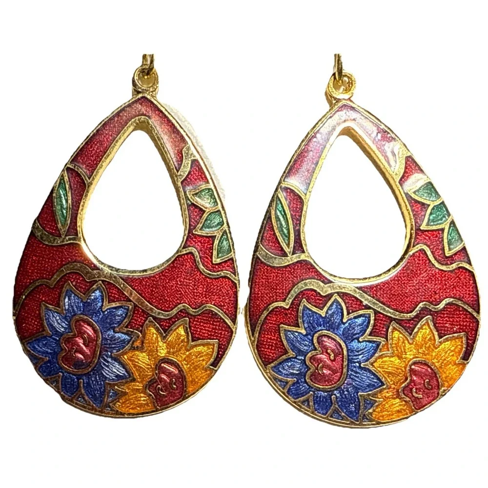 Vintage Cloisonne Floral Teardrop Shaped Pierced Earrings J15-1